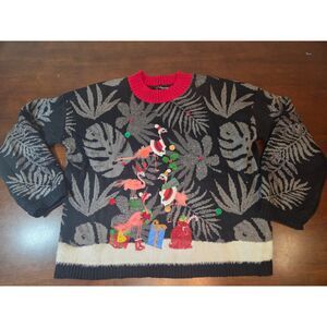33 Degrees Christmas Sweater XXL Black Red Tropical Santa Flamingo Ugly Holiday